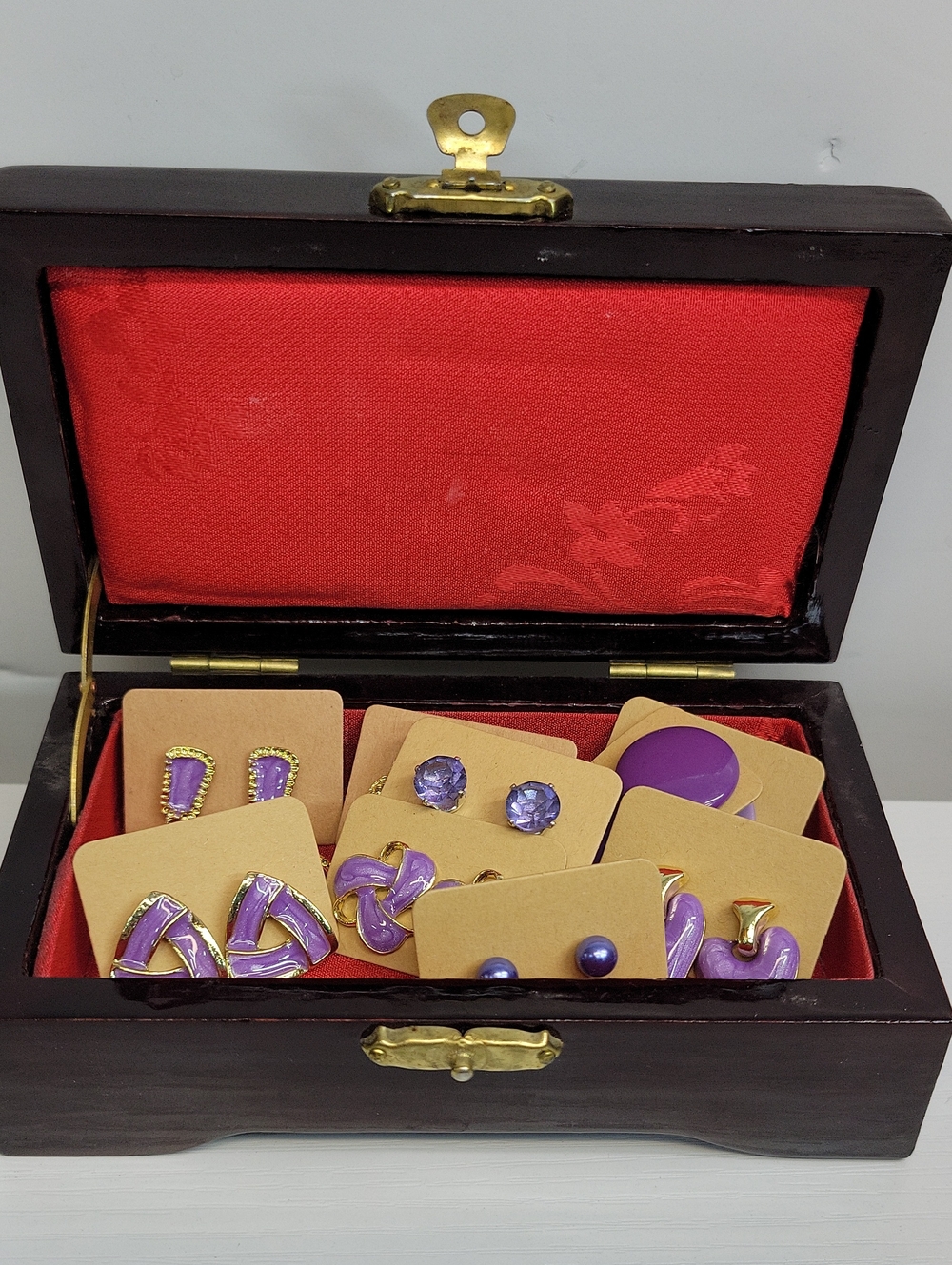 Purple Earrings In Chinese Laquered Box.